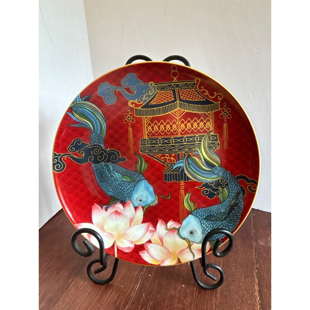 Williams Sonoma Lunar Salad Plate Red Koi Fish Lotus Flower Porcelain 9 Inch NWT